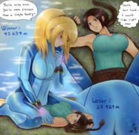 breasts drawing giantess giga blonde color playful samus_aran brunette ponytail sitting giantesses metroid pinned braid dialogue lara_croft tomb_raider zero_suit_samus braided_hair laying majoumegami