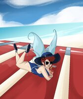 drawing color swimsuit beach fairy lying_down sunglasses sand drinking hat shin_megami_tensei beach_towel slugmanoctavo3