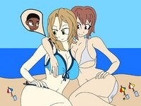bikini drawing blonde color beach red_hair short_hair sitting giantesses looking_at_victim sitting_on_shoulder zaneclarence10