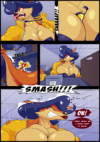 breasts drawing growth giantess furry tail anthro comic color large_breasts destruction cleavage bra blue_hair fox breast_expansion yellow_eyes gloves police ponytail boots muscles collar mask pants indoors box jacket top belt ripped_clothing dialogue carmelita_fox outgrowing_room bare_midriff sly_cooper_(series) mask_of_dark_earth dog_fox jack_hoo at_large