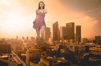 giantess collage city brunette smiling skyscraper sepia red_lips sundress remongts enjinight