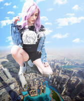 giantess collage city clothed purple_hair squatting looking_down jean_jacket dochamps rolyat white_sneakers giantess_taylor