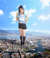 giantess city clothed blue_hair shorts looking_down standing knee_high_socks dochamps