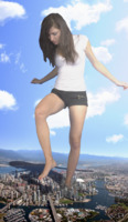 giantess collage city clothed brunette unknown_artist foot_crush shorts looking_down skyscraper red_nails white_shirt