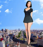 breasts giantess collage city black_hair destruction cleavage skirt high_heels buildings helicopter asian dress vehicles obelisk bare_legs large_beasts