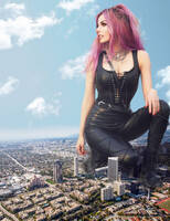 giantess collage clothed purple_hair boots squatting red_nails black_pants boot_crush necklace aircraft dochamps rolyat
