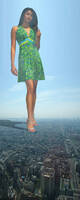 giantess collage city mega black_hair long_hair buildings dress sandals shadow pink_nails dark_skin bare_legs