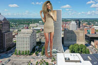 giantess collage city blonde dress unknown_artist phone legs standing platform_sandals looking_at_viewer