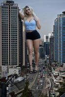 giantess collage city blonde clothed high_heels traffic smiling skyscraper standing leaning looking_at_viewer blue_shirt markawassi black_shorts