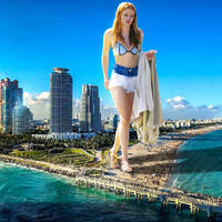 giantess collage beach bra unknown_artist sandals shorts walking skyscraper