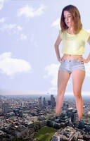 giantess collage city mega clothed unknown_artist shorts standing red_lips hands_on_hips