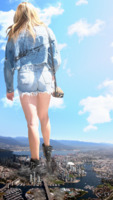 giantess collage city mega blonde clothed boots shorts shoe_crush boot_crush from_behind_view jean_jacket dochamps