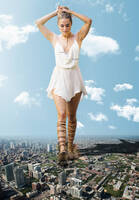 giantess collage city dress unknown_artist walking looking_down shoe_crush gladiator_sandals white_dress