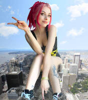 giantess collage city pink_hair unknown_artist sitting skyscraper sneakers looking_at_viewer peace_sign rolyat