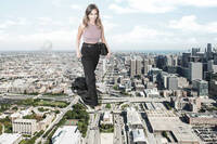 giantess collage city clothed smiling unknown_artist walking looking_down purse black_pants top business_attire