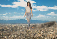 collage city mega destruction buildings brunette explosion smoke
