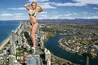 bikini giantess collage city blonde barefoot smiling unknown_artist looking_down skyscraper standing