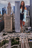 giantess city long_hair clothed skirt high_heels traffic brunette unknown_artist sandals skyscraper skyscrapers looking_at_viewer crowds