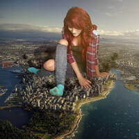 giantess collage jeans smiling socks red_hair sitting looking_down flannel_shirt dochamps goddess_kitty
