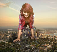 giantess collage city clothed jeans socks red_hair crawling hand looking_down hand_crush flannel_shirt dochamps goddess_kitty