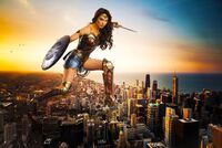 breasts giantess collage micro city mega black_hair long_hair armor destruction sword skirt buildings helicopter military celebrity boots wonder_woman chicago tiara lasso shield dc_comics gal_gadot