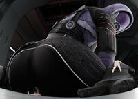 breasts giantess alien large_breasts butt armor butt_crush shrunken_men tali mask hood digital_render mass_effect talizorah quarian env_light