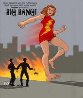 breasts drawing giantess city mega color large_breasts barefoot buildings giganta red_hair dress flash thief looking_at_tiny dc_comics bare_legs the_flash nick-perks big_bang
