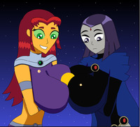 breasts drawing giantess giga alien space color large_breasts planet green_eyes purple_hair purple_eyes raven teen_titans red_hair starfire sun giantesses costume cape top belt leotard dc_comics cosmic_giantess orange_skin grey_skin nightcore100 bare_midriff between_breasts