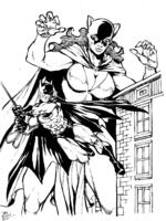 breasts drawing giantess city mega monochrome color cleavage skirt buildings gloves mask batman thighs costume cape belt catwoman thief dc_comics bare_legs swinging dogsupreme