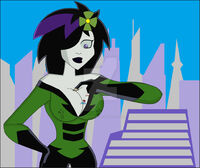 breasts drawing giantess city mega black_hair color large_breasts cleavage buildings purple_eyes gloves costume hands_on_hips white_skin dc_comics shrinking_violet nightcore100 legion_of_superheroes flower_in_hair clothing_entrapment between_breasts hair_streak