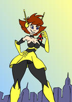 breasts drawing giantess city mega color blue_eyes cleavage skirt buildings brunette camel_toe gloves boots avengers costume hands_on_hips pinched looking_at_tiny janet_van_dyne marvel_comics drsgrowth the_wasp avengers_earths_mightiest_heroes giant-man hank_pym