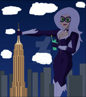 breasts drawing giantess white_hair city mega color handheld cleavage buildings green_eyes collar mask night costume new_york_city statue_of_liberty empire_state_building zipper thief black_cat spider-man marvel_comics nightcore100 felicia_hardy