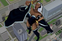 breasts giantess white_hair vore city mega large_breasts long_hair cleavage buildings boots storm falling dark_skin cape dropped leotard bracelet tiara hands_on_hips x-men looking_at_tiny digital_render bare_legs marvel_comics roodedude