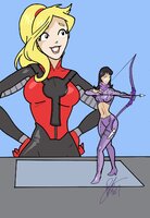 breasts drawing giantess mega blonde black_hair color crossover superhero gloves ponytail hawkeye pants bow costume hands_on_hips arrows betty veronica inspector97 archie cassie_lang stature marvel_comics bare_midriff kate_bishop young_avengers