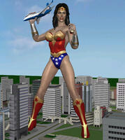 breasts giantess city mega black_hair long_hair blue_eyes handheld rampage cleavage buildings angry boots bus airplane costume wonder_woman leotard tiara digital_render dc_comics bare_legs roodedude