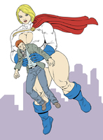 breasts drawing blonde color blue_eyes cleavage huge_breasts gloves red_hair mini_giantess boots muscles camera flying cape leotard power_girl reporter dc_comics bare_legs jimmy_olsen amazingvalkyries
