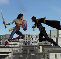 breasts giantess city mega black_hair long_hair blue_eyes sword cleavage buildings red_hair boots fighting giantesses batgirl vehicles costume wonder_woman cape belt tiara lasso shield digital_render dc_comics batarang roodedude