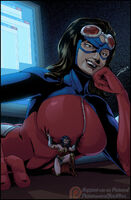 breasts drawing black_hair color armor skirt breast_crush brunette multiple_sizes brown_eyes gloves lying_down boots shrunken_woman mask costume wonder_woman goggles belt computer bracelet tiara jora-bora dc_comics bare_legs atomica