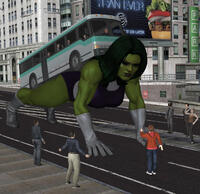 breasts giantess city mega long_hair buildings gloves green_hair bus costume leotard crowds green_skin digital_render she-hulk bare_legs one_eye_closed marvel_comics roodedude push_up
