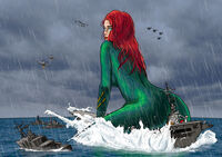 drawing giantess mega color long_hair butt destruction blue_eyes helicopter red_hair sitting airplane rain costume navy ships dc_comics fleet spuski mera