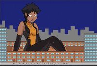 drawing growth giantess city mega vixen color buildings brunette brown_eyes gloves sitting dark_skin costume necklace dc_comics nightcore100 vixen_(dc)