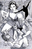 breasts drawing giantess city mega monochrome large_breasts destruction handheld skirt buildings gloves boots costume doom_patrol belt hairband debris dc_comics bare_legs elasti-girl robotman the_chief negative_man rita_farr craigcermak