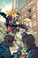 breasts drawing giantess city mega blonde color buildings gloves ponytail fighting giantesses mask costume shield cassie_lang stature marvel_comics young_avengers patriot melter big_zero