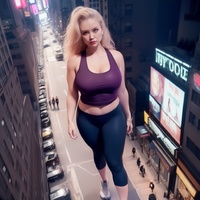 giantess city blonde clothed leggings walking sneakers red_lips hoop_earrings top looking_at_viewer between_buildings ai_art lordgts