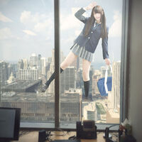 giantess collage city long_hair rampage asian window uniform waving bag source_needed from_building high_socks