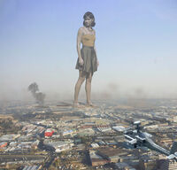 giantess collage city mega destruction skirt helicopter brunette military dress unknown_artist sandals smoke necklace