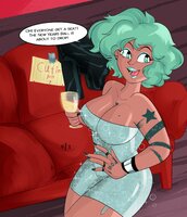 drawing giantess color green_eyes green_hair dress sofa new_year lip_piercing slugmanoctavio3