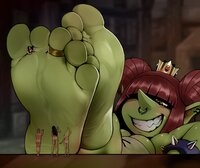 breasts drawing nude blonde black_hair color butt fantasy barefoot cleavage slave smiling red_hair sitting worship crown shrunken_woman shrunken_man between_toes toe_ring earrings nose_ring goblin green_skin pointed_ears hair_buns yellow_skin pointed_nose thespacespeck