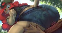 breasts drawing white_hair furry tail color large_breasts long_hair butt cleavage butt_crush yellow_eyes embarrassed red_hair sitting shorts shrunken_woman cat_girl looking_back earrings baseball_cap thespacespeck