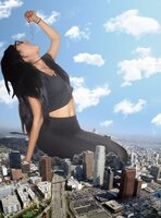 giantess collage vore city black_hair destruction clothed buildings glasses train leggings sitting belly kitty skyscraper freeway black_pants choker dochamps mass_vore
